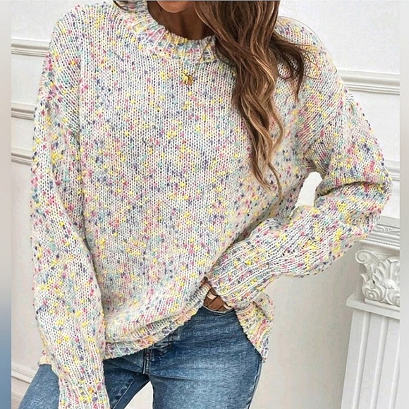 Sweaters - New Boho Confetti Rainbow Knit Sweater Top Pullover White Pink Blue Yellow